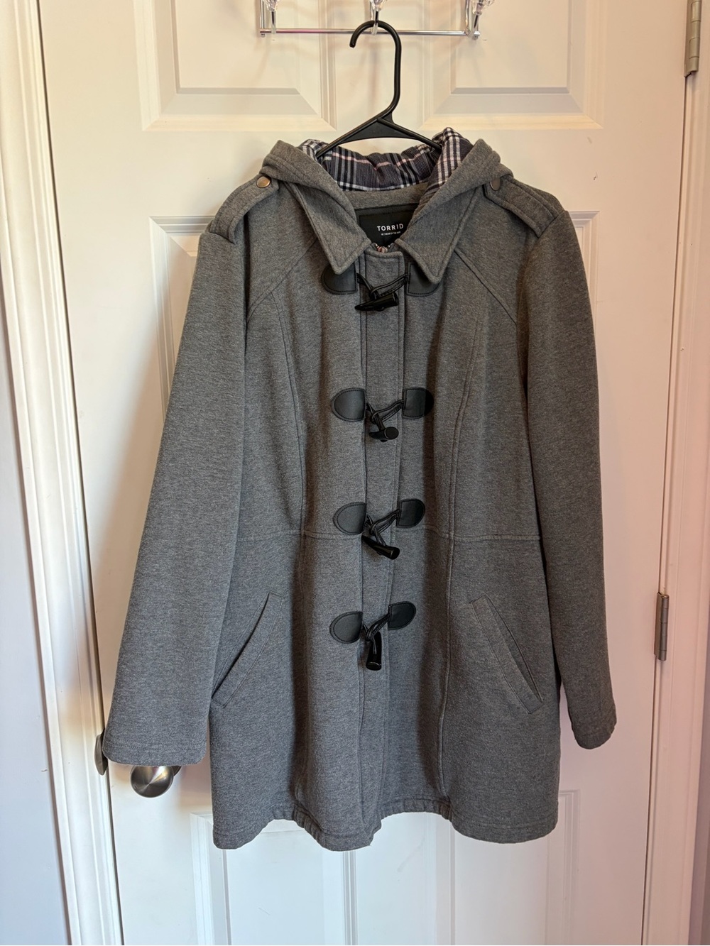 torrid Gray Hooded Zipper/Toggle Pea Coat with Hood Plaid Lining
